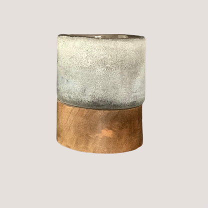 Waxinelichthouder antraciet glas met houten basis